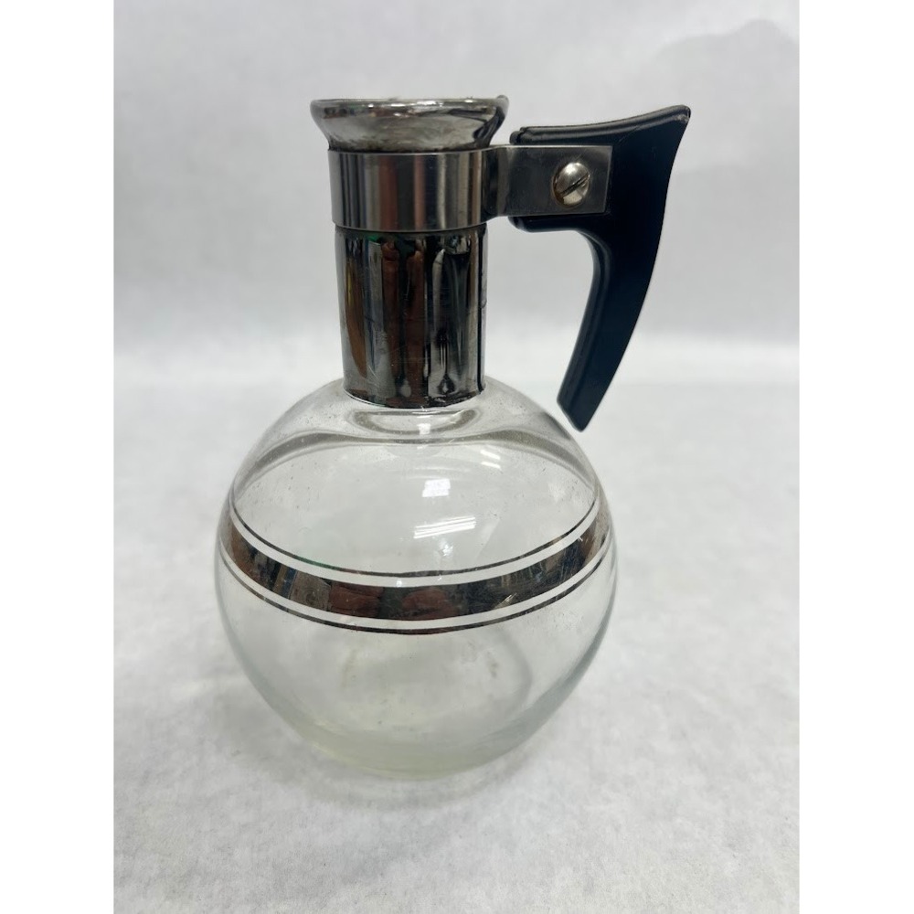 Vintage Mid Century Glass Syrup Pitcher Silver Banded Chrome Neck Black Handle